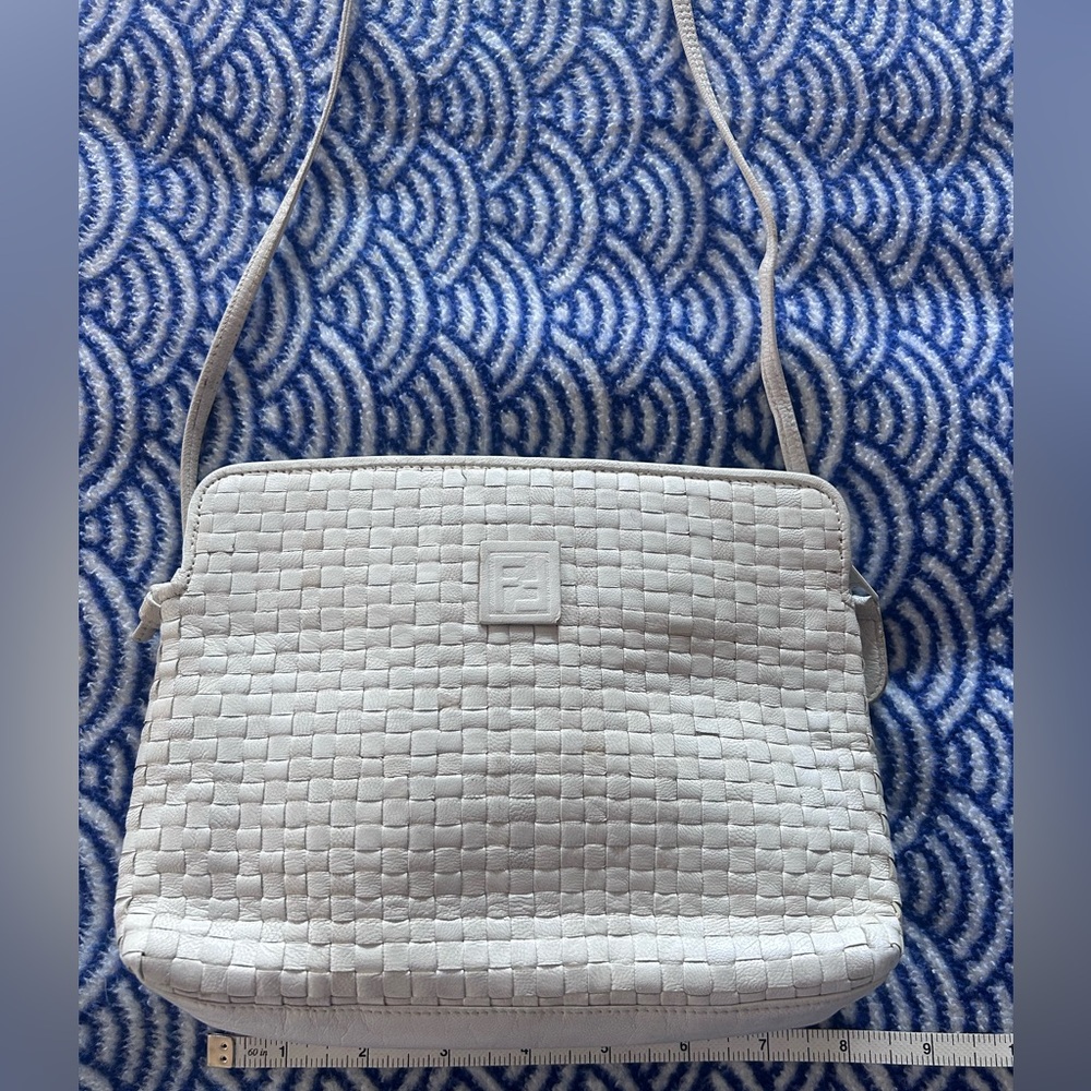 Vintage Fendi Small Woven Leather Crossbody Bag White